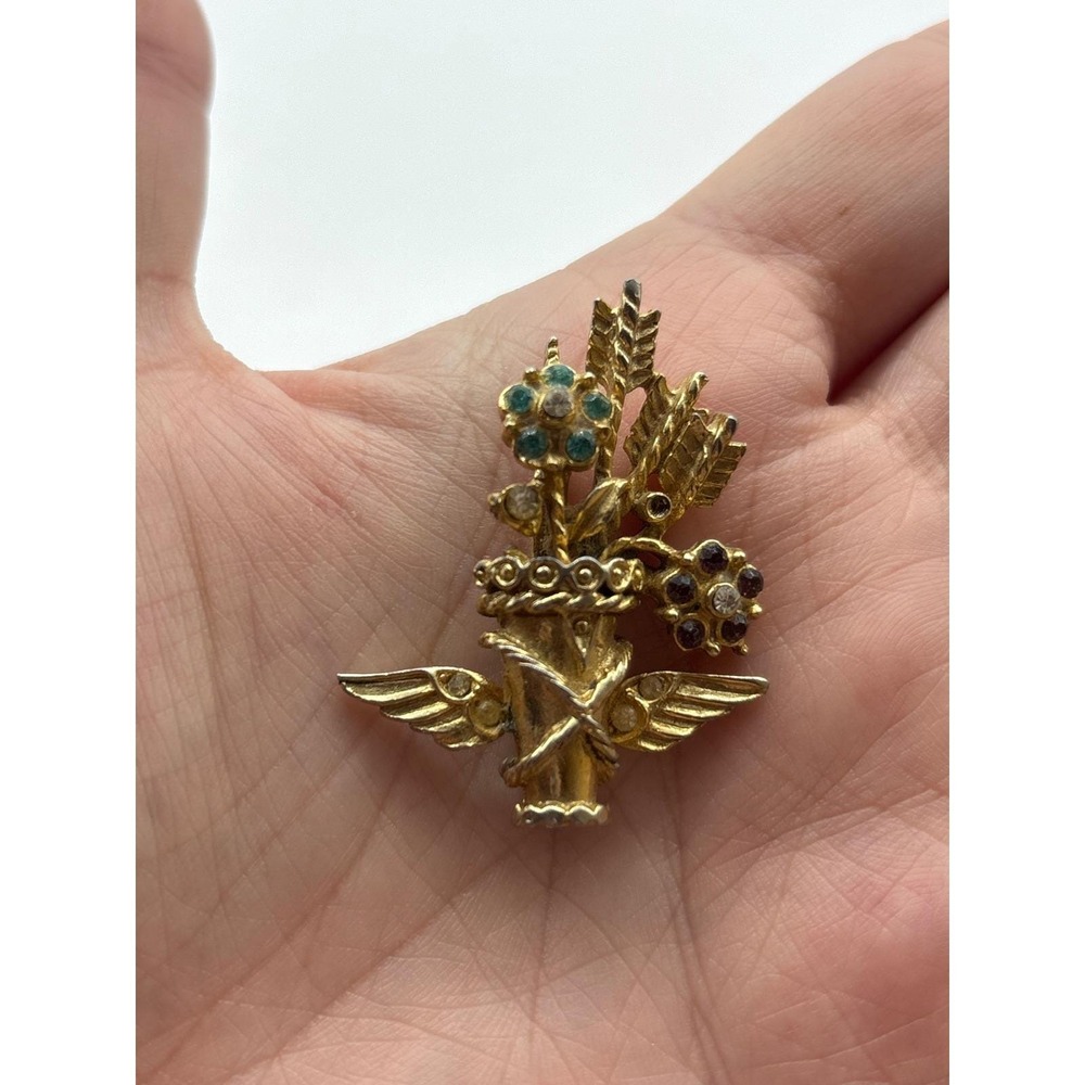 Coro Vintage Gold Tone Quiver Brooch Arrows Flowers Blue Purple Rhinestone J240